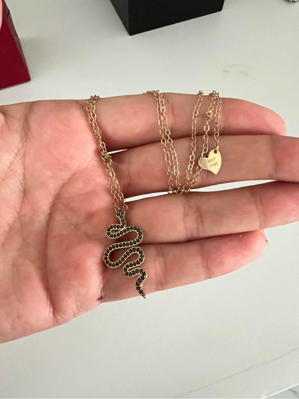 Gold Snake Pendant 10KT Necklace - onyx